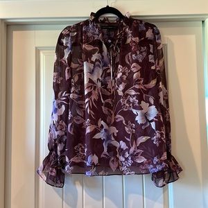WHBM Sheer Floral Print Pull-on Blouse, Purple/Mauve/Violet, Size Small, EUC